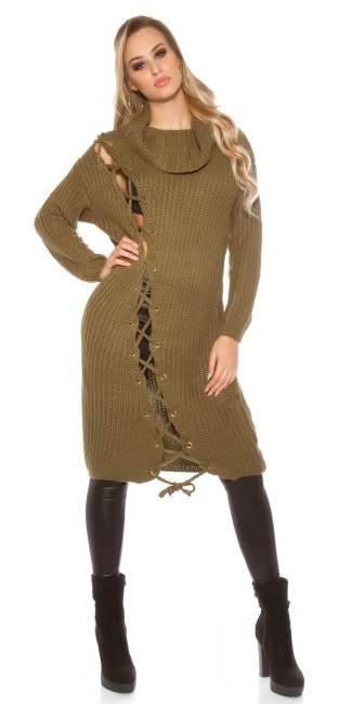 Trendy chunky knit dress with XL collar Khaki